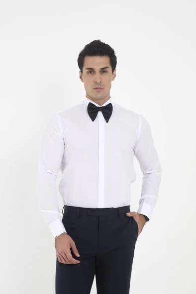 Brianze Beyaz Ata Yaka Damatlık Slim Fit Gömlek ( Kol Düğmesi Hediye ) - 4