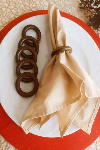 12li Kahverengi Vintage Ahşap Halka Peçete Yüzüğü - Resim 2