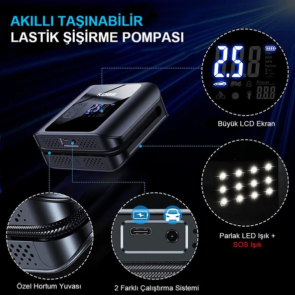 Kobb Kb420 12Volt/Şarjlı 150Psı Taşınabilir Dijital Basınç Göstergeli Led Aydınlatmalı Lastik Şişirme Pompası - 4