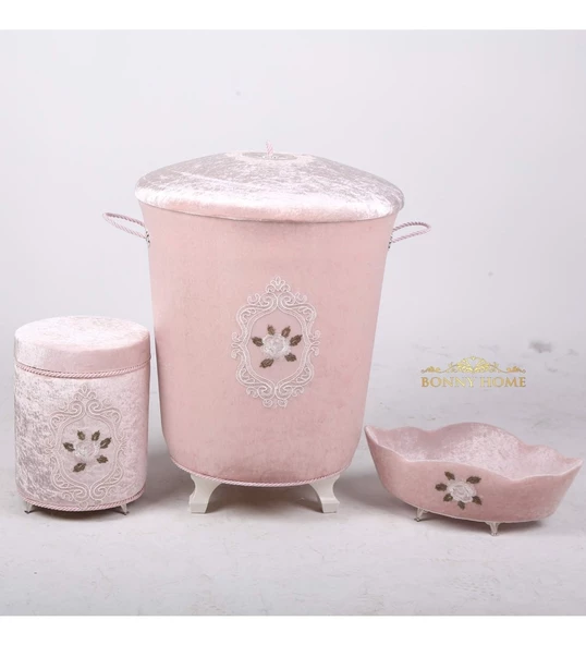 Bonny Home Shems Pudra 3lü Kadife Çeyizlik Dantelli Banyo Kirli Çamaşır Sepeti Seti - 3