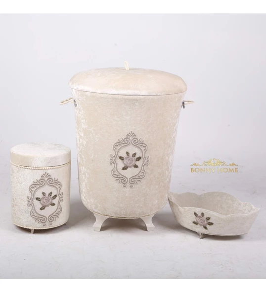 Bonny Home Shems Vizon 3lü Kadife Çeyizlik Dantelli Banyo Kirli Çamaşır Sepeti Seti - 3