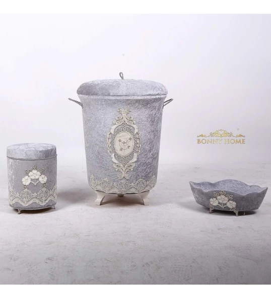 Bonny Home Lisa Gri 3lü Kadife Banyo Kirli Çamaşır Sepeti Seti - 3