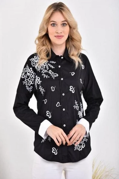 Yaprak Desenli Nakış İşlemeli Siyah Kadın Gömlek - 2