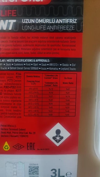 PETROL OFİSİ ANTİFRİZ EXTENDET LİFE COOLANT ORGANİK 3LT Ü.T : 2024 - 5