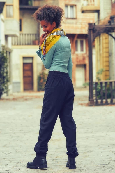 Kruvaze Beli Bağcıklı Elastik Paça Şalvar Pantolon - 4