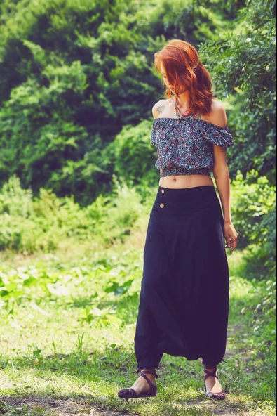 Doğal Düğmeli Cepli Kadın Şalvar Pantolon - 2