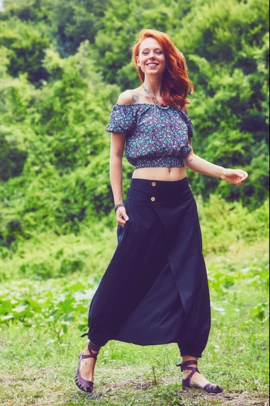 Doğal Düğmeli Cepli Kadın Şalvar Pantolon - 3