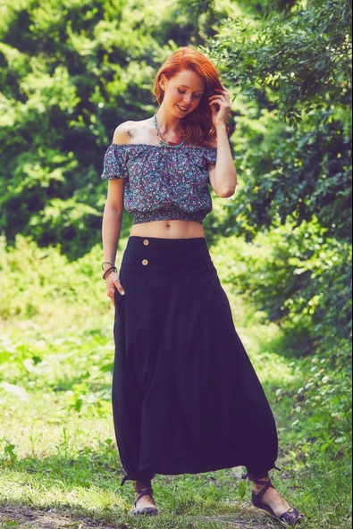 Doğal Düğmeli Cepli Kadın Şalvar Pantolon