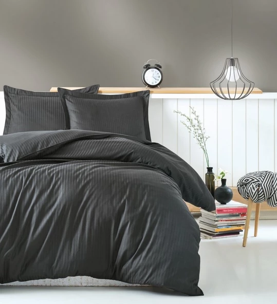 Cotton Box Elegant Stripe Saten Çift Kişilik Nevresim Takımı-Antrasit