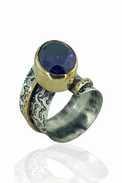 Otantik El Üretim Özel Tasarım Ametist Taş 925 Gümüş Yüzük - Resim 2