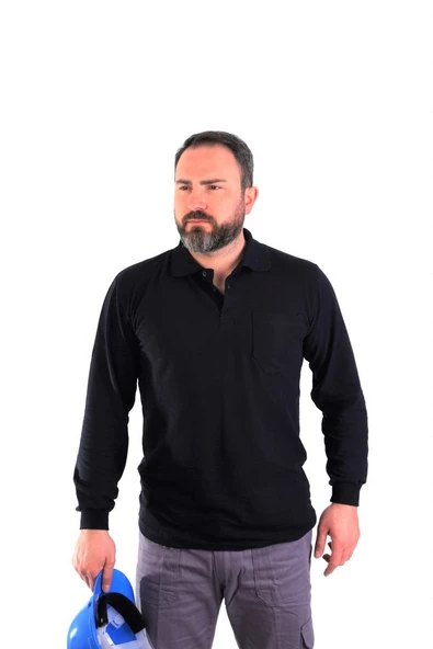 ESERIS - Polo Yaka Uzun Kol Pike Tişört - Lacivert - Cepli