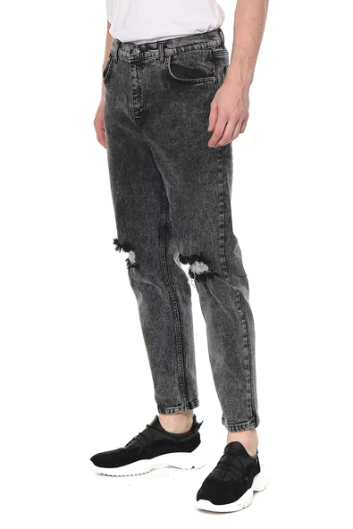 Erkek Bol Kesim Dizi Yırtık Eskitme Efektli Jean Kot Pantolon - 3