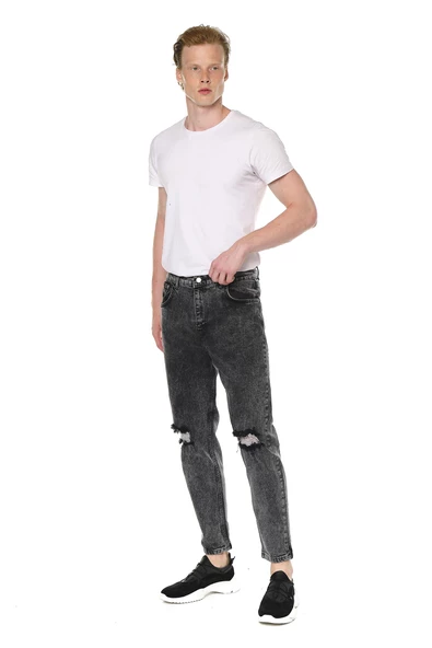 Erkek Bol Kesim Dizi Yırtık Eskitme Efektli Jean Kot Pantolon - 6