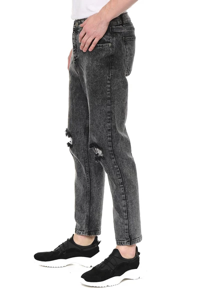 Erkek Bol Kesim Dizi Yırtık Eskitme Efektli Jean Kot Pantolon - 4