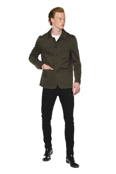 Erkek Yakalı Çok Cepli Düz Renk Ceket Gömlek - 12