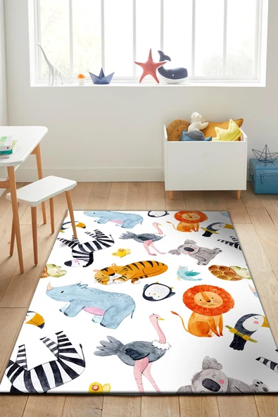 Frenda Home Hayvanlar Alemi Desenli Kaymaz Deri Taban Anaokulu ve Kreş Halısı  BEYAZ 100X300