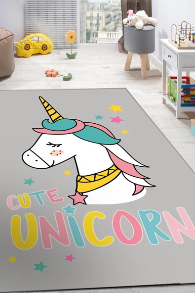 Frenda Home Unicorn Desenli Kaymaz Deri Taban Kız Çocuk Halısı  GRİ 160X230