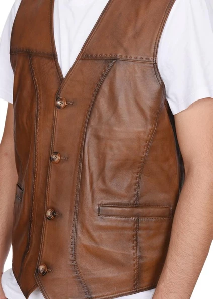 Punto Dikişli Taba Renk Spor Deri Yelek