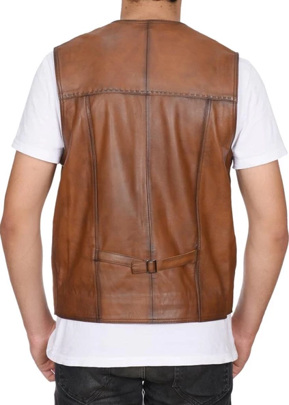 Punto Dikişli Taba Renk Spor Deri Yelek - 3