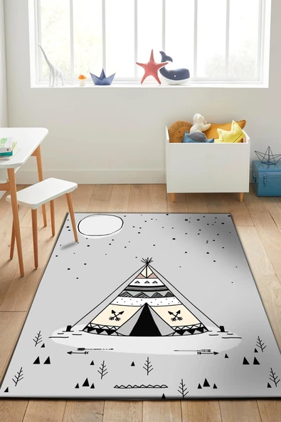 Kızılderili Çadır Desenli Kaymaz Deri Taban Çocuk Halısı  GRİ 180X280 - 1