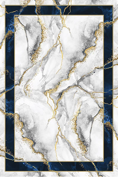 Frenda Home Çerçeveli Mermer Desen Kaymaz Deri Taban Dekoratif Halı  LACİVERT 100X300