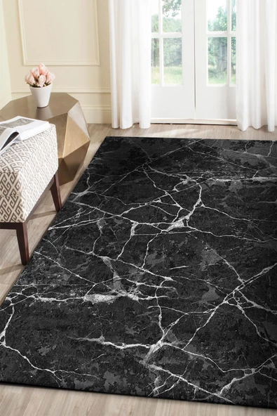 Frenda Home Mermer Desen Kaymaz Deri Taban Baskılı Halı  SİYAH 80X200