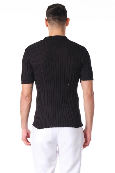 Erkek Polo Yaka Düğmeli Pamuklu Fitilli Triko Kısa Kollu T-Shirt - 12