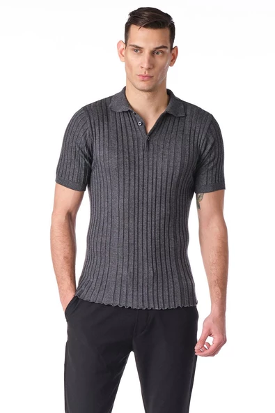 Erkek Polo Yaka Düğmeli Pamuklu Fitilli Triko Kısa Kollu T-Shirt - 5