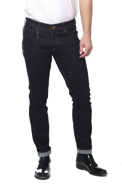 Erkek Slim Fit Boru Paça Rahat Likralı Zincirli Kot Pantolon - 2