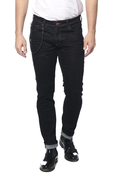 Erkek Slim Fit Boru Paça Rahat Likralı Zincirli Kot Pantolon - 4