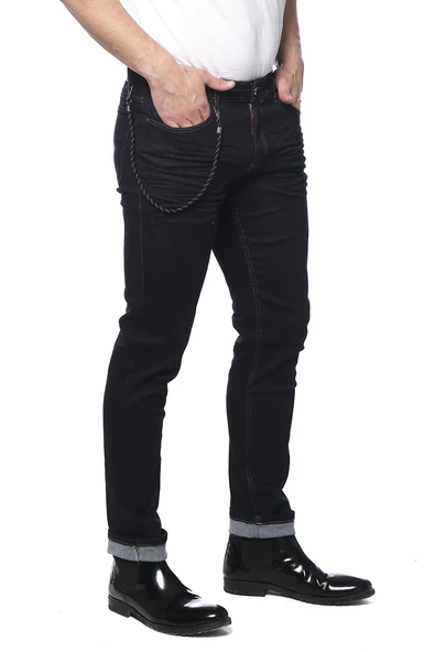 Erkek Slim Fit Boru Paça Rahat Likralı Zincirli Kot Pantolon - 6