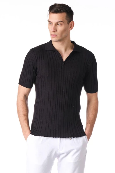 Erkek Polo Yaka Düğmeli Pamuklu Fitilli Triko Kısa Kollu T-Shirt - 2
