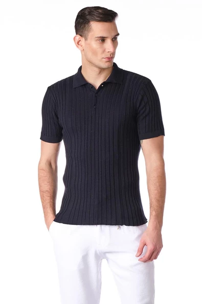 Erkek Polo Yaka Düğmeli Pamuklu Fitilli Triko Kısa Kollu T-Shirt - 9