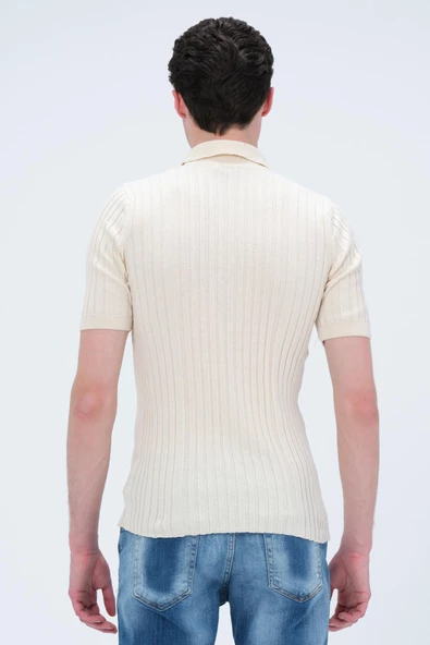Erkek Polo Yaka Düğmeli Pamuklu Fitilli Triko Kısa Kollu T-Shirt - 8