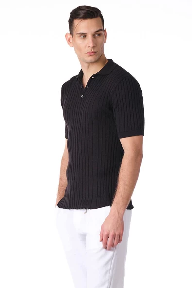 Erkek Polo Yaka Düğmeli Pamuklu Fitilli Triko Kısa Kollu T-Shirt - 11