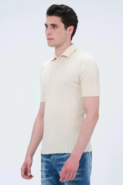 Erkek Polo Yaka Düğmeli Pamuklu Fitilli Triko Kısa Kollu T-Shirt - 10