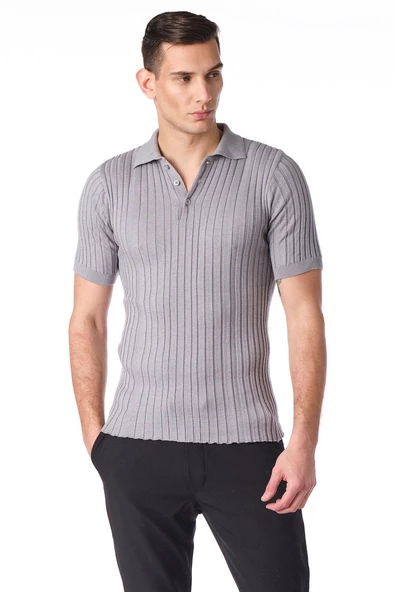 Erkek Polo Yaka Düğmeli Pamuklu Fitilli Triko Kısa Kollu T-Shirt - 4