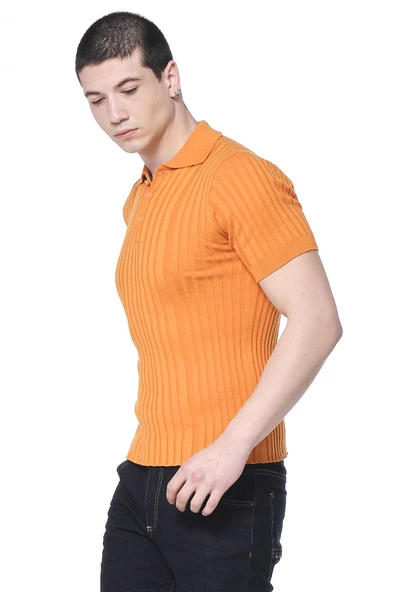 Erkek Polo Yaka Düğmeli Pamuklu Fitilli Triko Kısa Kollu T-Shirt - 6