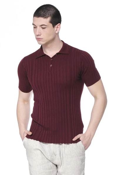 Erkek Polo Yaka Düğmeli Pamuklu Fitilli Triko Kısa Kollu T-Shirt - 7