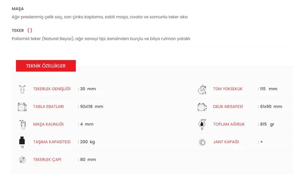 Emes Sabit Polyamid Ağır Yük Tekeri Sabit Maşalı 80x30 mm - Resim 3
