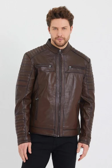 Fındık Renk Dört Cepli İşleme Spor Deri Mont - 12