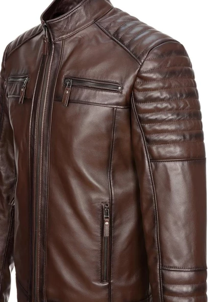 Fındık Renk Dört Cepli İşleme Spor Deri Mont - 5