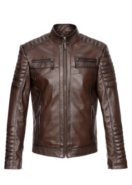 Fındık Renk Dört Cepli İşleme Spor Deri Mont - 4