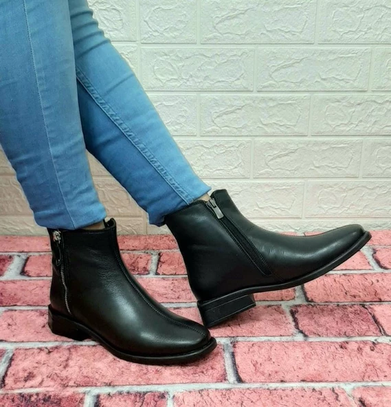 Voyager 8479 Siyah Yandan Fermuarlı Hakiki Deri Kaymaz Kare Topuk Bayan Bot - Resim 2