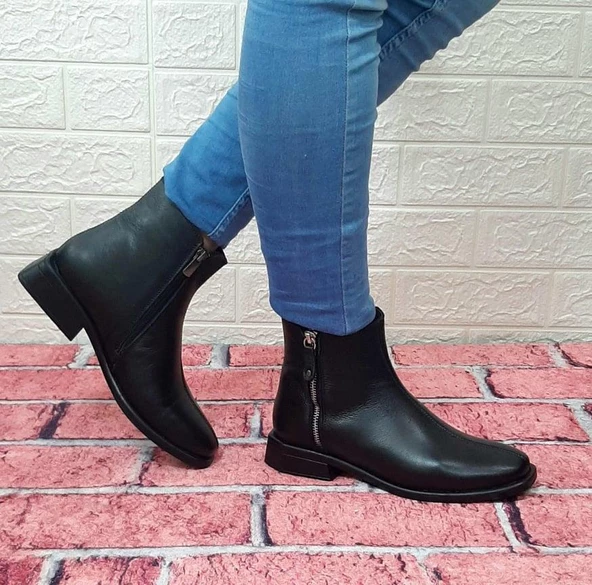 Voyager 8479 Siyah Yandan Fermuarlı Hakiki Deri Kaymaz Kare Topuk Bayan Bot - Resim 3