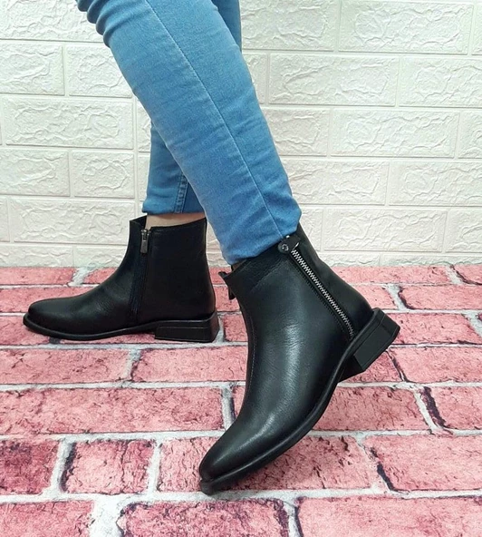 Voyager 8479 Siyah Yandan Fermuarlı Hakiki Deri Kaymaz Kare Topuk Bayan Bot - Resim 6