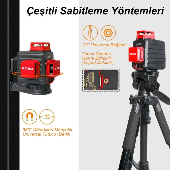 Kobb Kbl34gtp 40 Metre Profesyonel Li-İon Şarjlı 3X360⁰ Otomatik Hizalamalı Yeşil Çapraz Çizgi Lazer Distomat+Tripod - 11