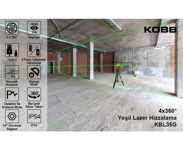 KOBB KBL35G Profesyonel Li-ion Şarjlı 4X360⁰ Otomatik Hizalamalı Yeşil Çapraz Çizgi Lazer Distomat+Uzaktan Kumanda - 9