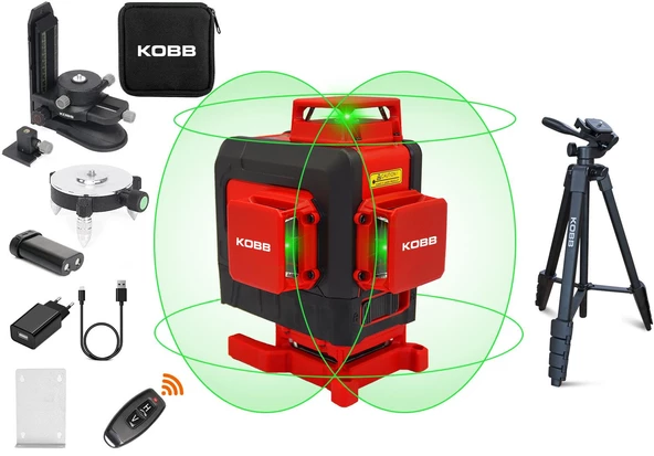 KOBB KBL35GTP Profesyonel Li-ion Şarjlı 4X360⁰ Otomatik Hizalamalı Yeşil Çapraz Çizgi Lazer Distomat+Tripod - 1