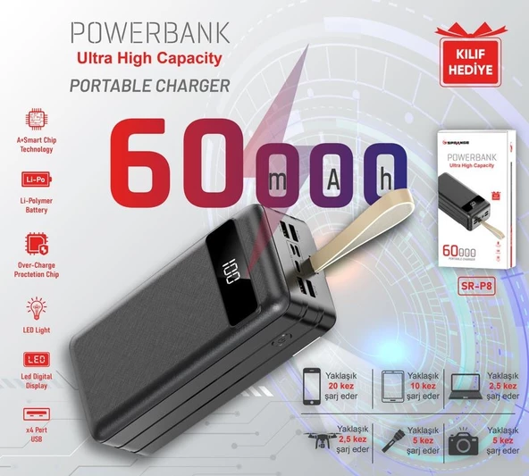 Sprange SR-P8 60.000 Mah Led Göstergeli Işıklı 4 Portlu Powerbank - 5